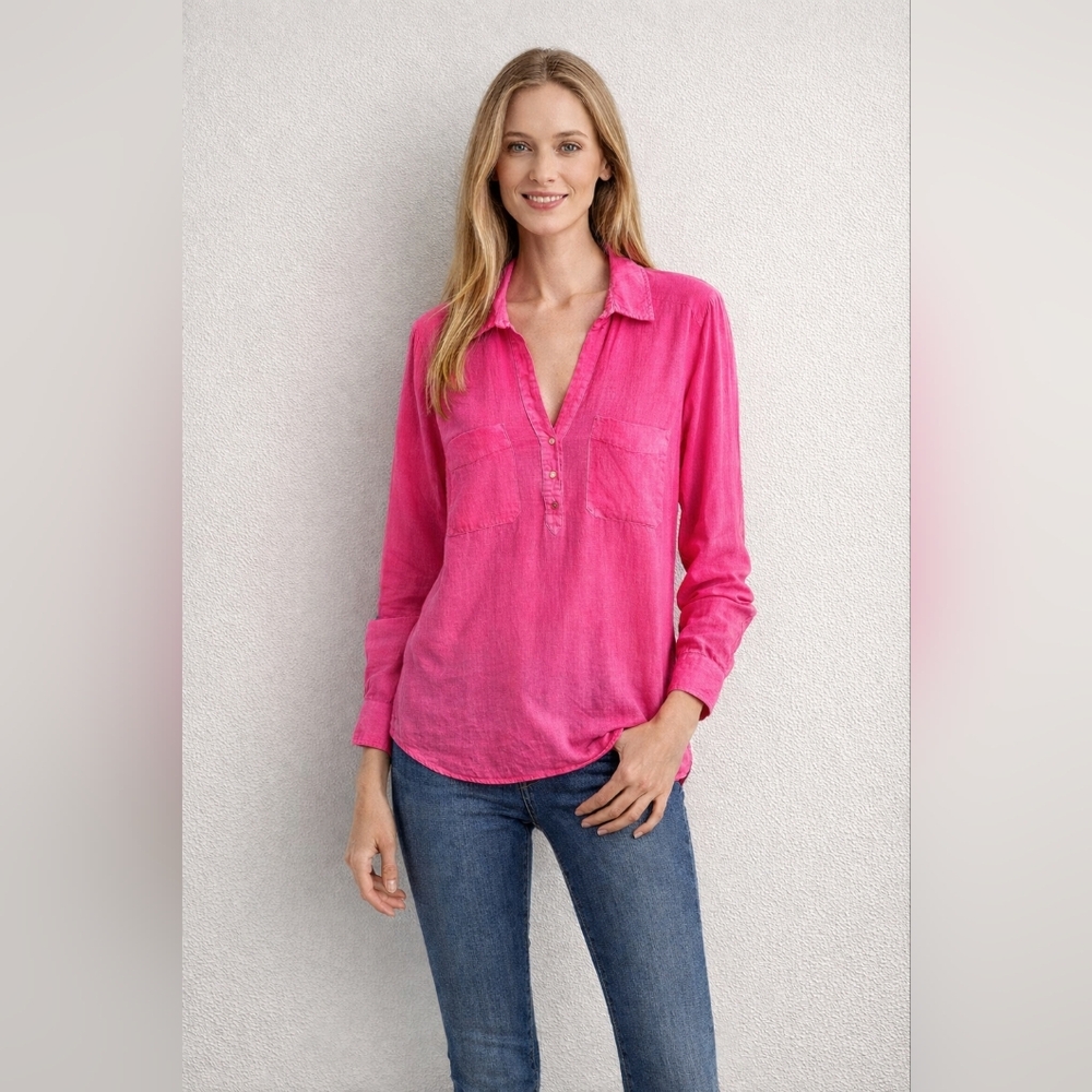Zara Size M Fuchsia Button-Down Linen Shirt
